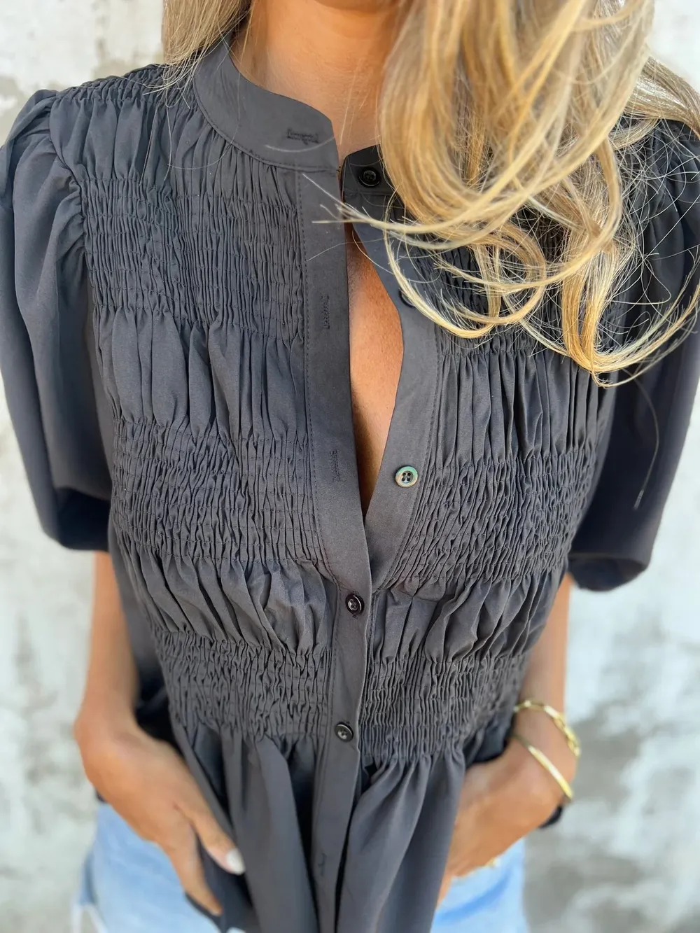 Full Size Smocked Button Front Puff Sleeve Shirt Plus Size, image 15