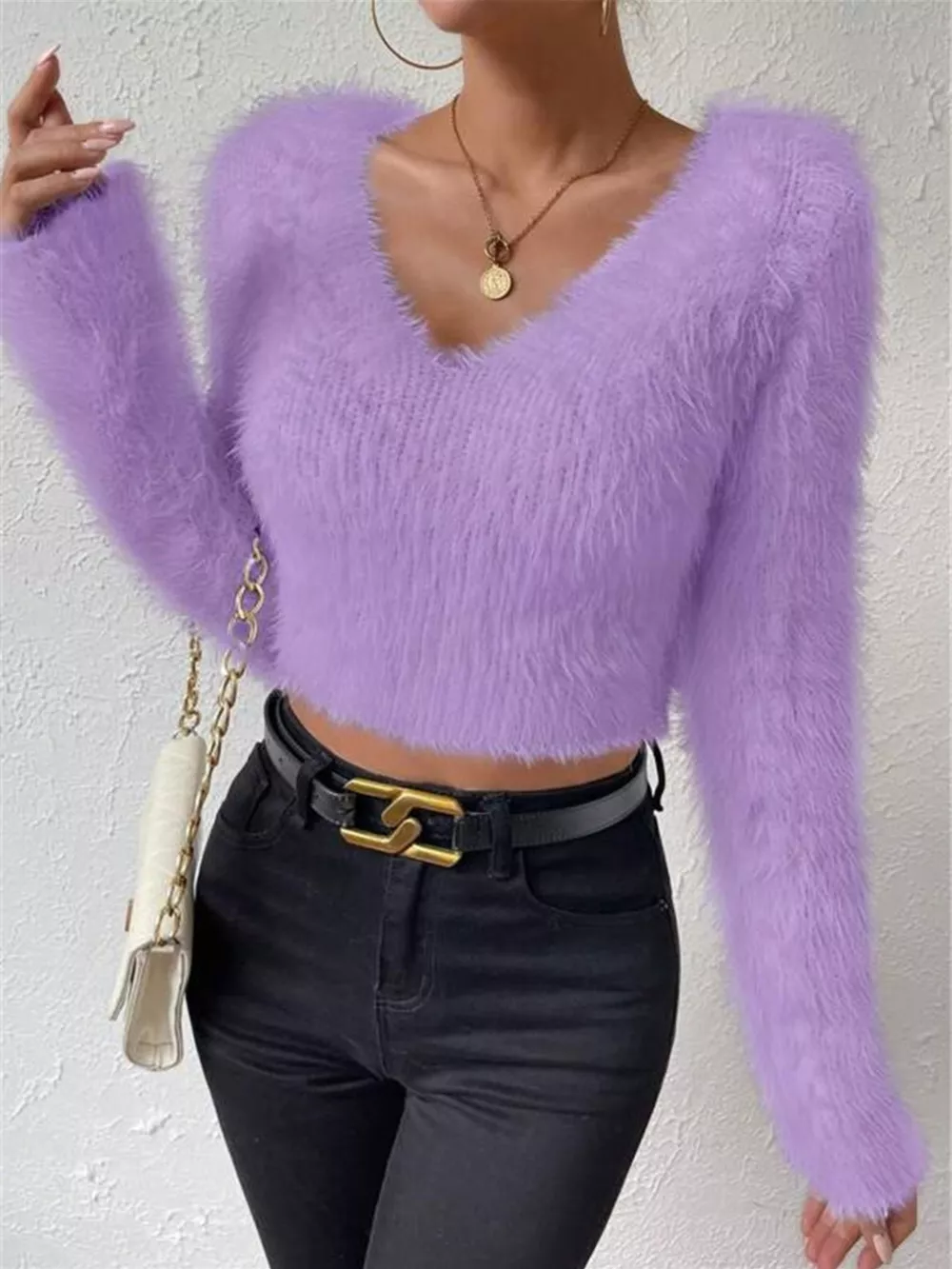 Fluffy Knit V-Neck Sweater, image 13