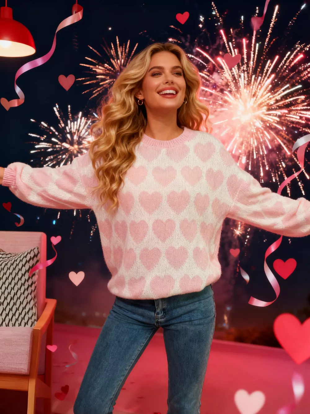 Heart Pattern Dropped Shoulder Sweater, image 12
