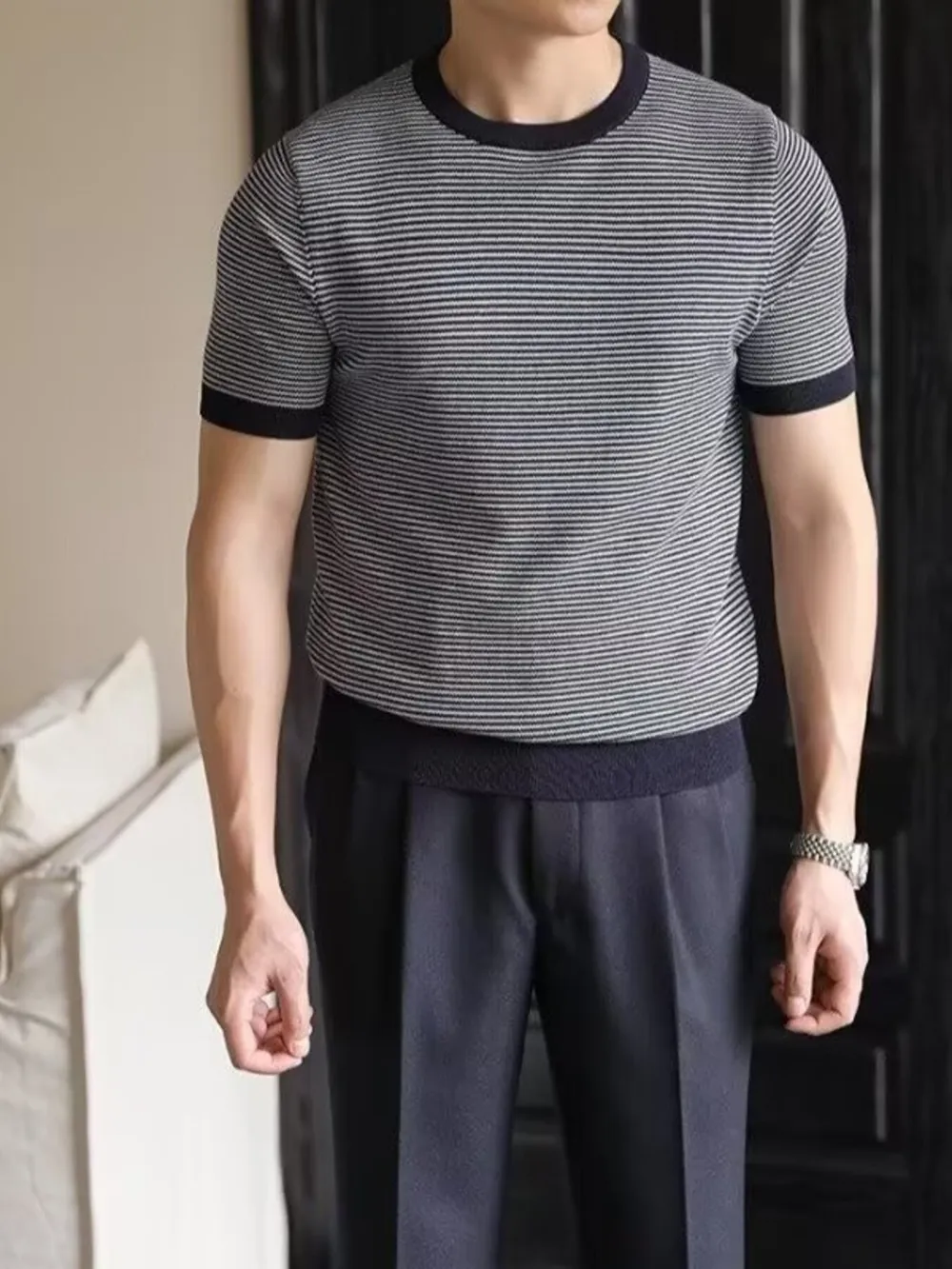 Men's Full Size Classic Striped Contrast Trim T-Shirt Plus Size, image 3