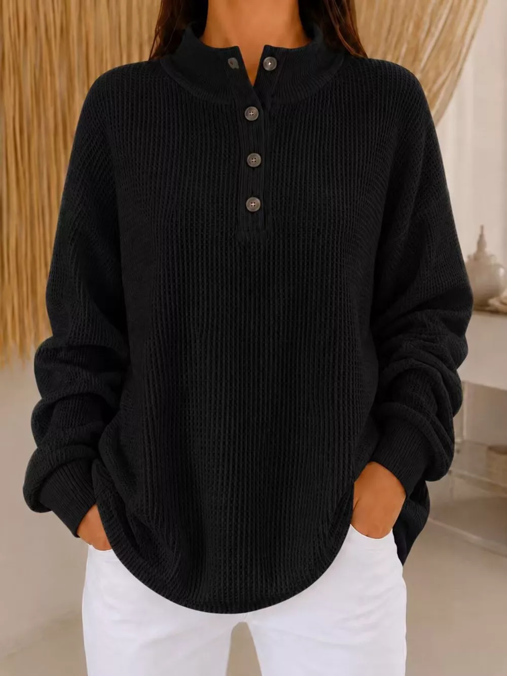 Full Size Waffle Knit Button Detail Sweatshirt Plus Size, image 2