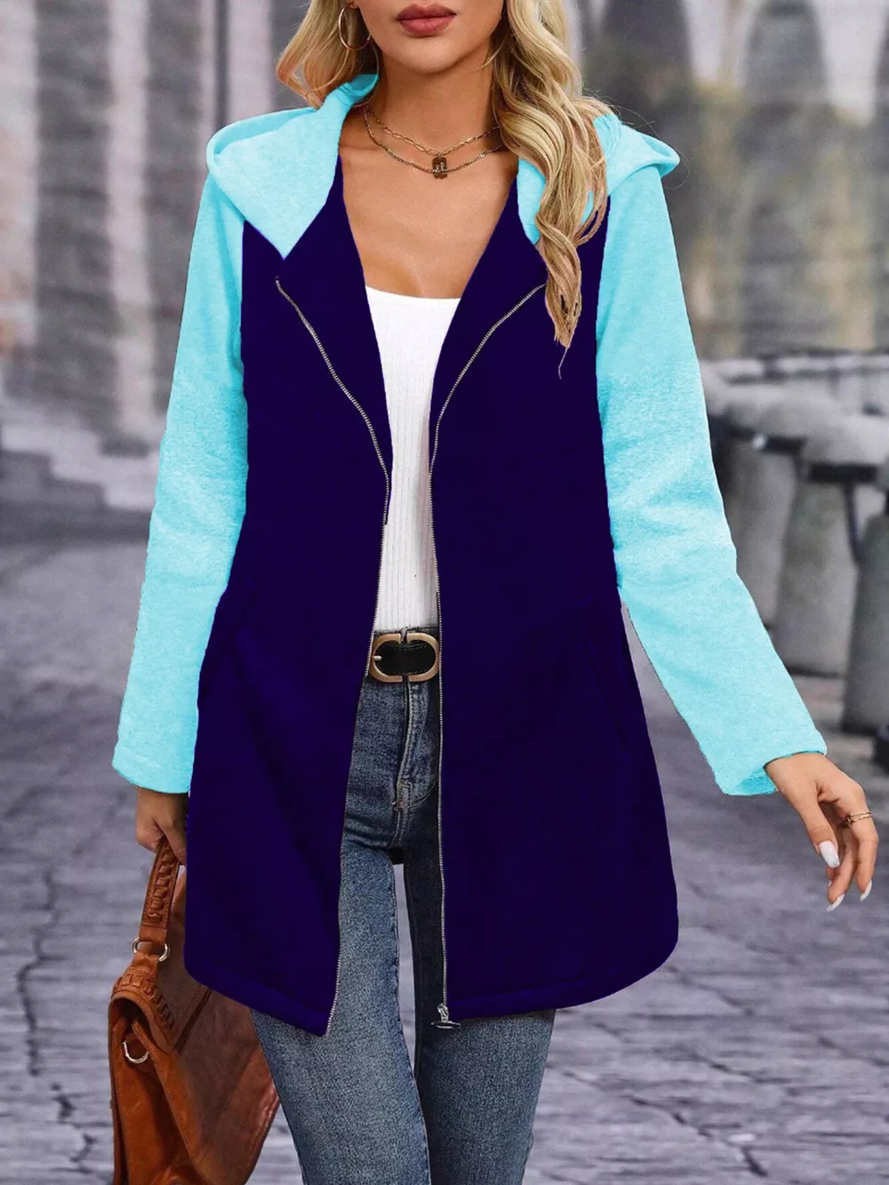 Full Size Zip Up Hooded Longline Outerwear Plus Size, image 5