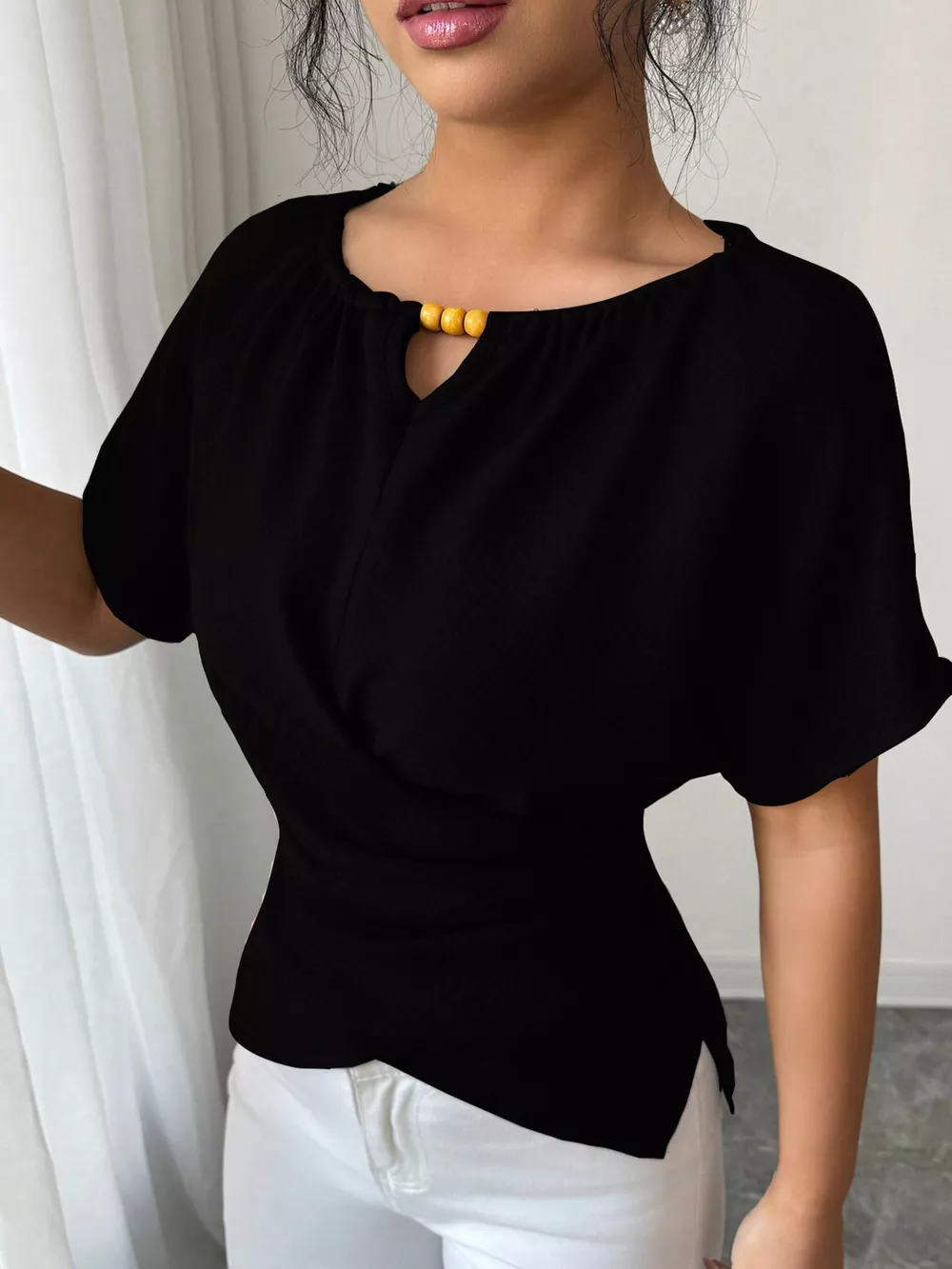 Beaded Neckline Short Sleeve Blouse, image 9