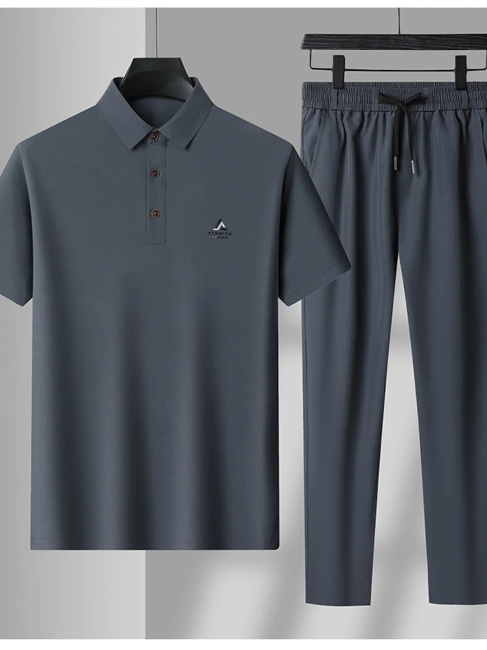 Men's Plus Size Button Detail Short Sleeve Polo and Pants Set, image 2