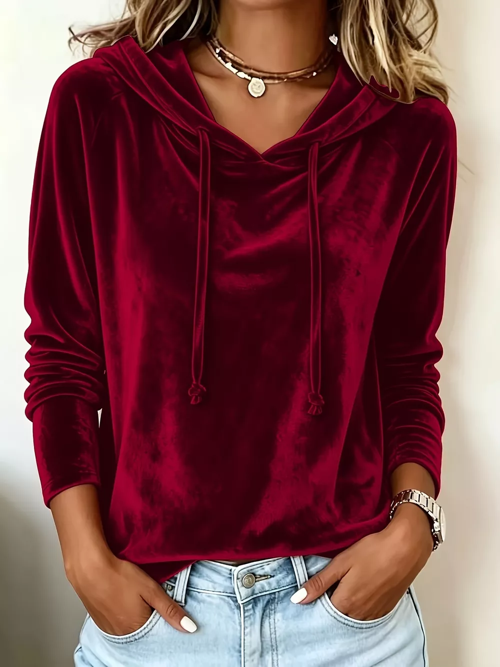 Full Size Velvet Drawstring Long Sleeve Hoodie Plus Size, image 7
