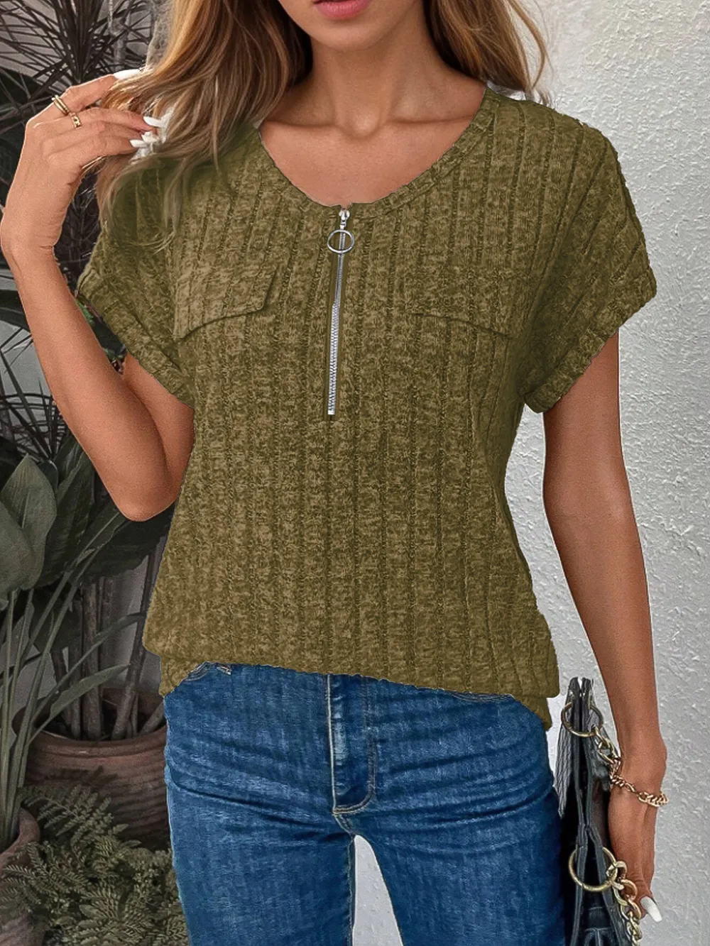 Zip-Front Short Sleeve T-Shirt, image 4