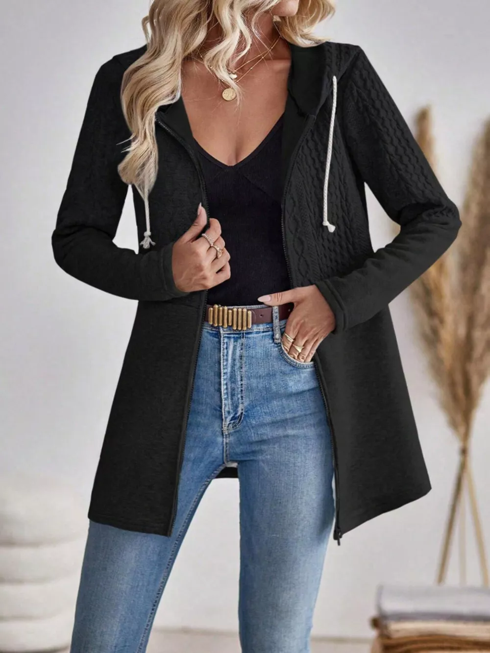 Drawstring Textured Zip Up Drawstring Hooded Jacket, image 3
