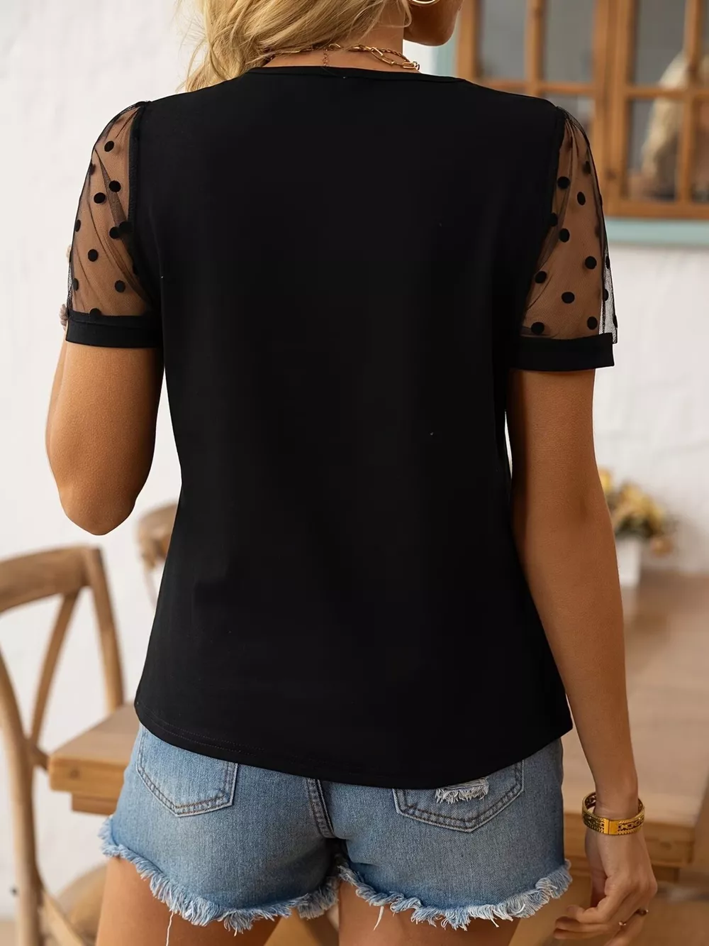 Polka Dot Mesh Sleeve T-Shirt, image 5