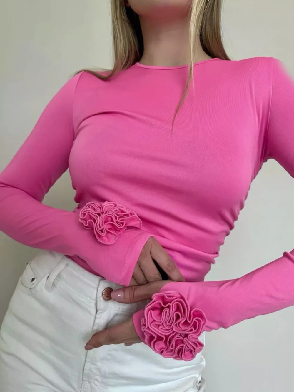 Flower Round Neck Long Sleeve T-Shirt, image 2
