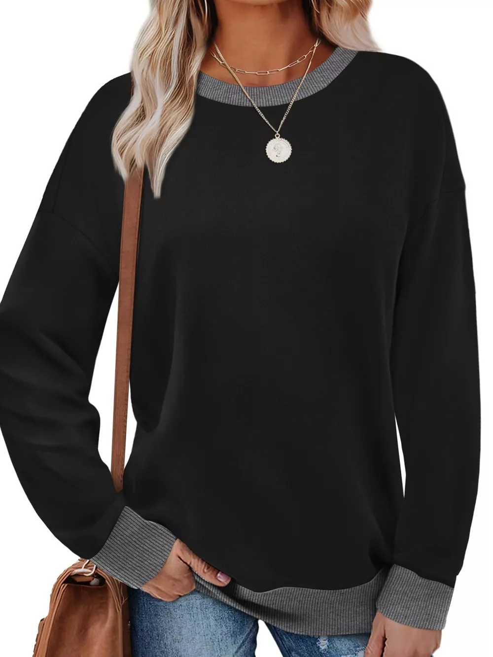 Contrast Trim Crew Neck Casual Sweatshirt, image 3