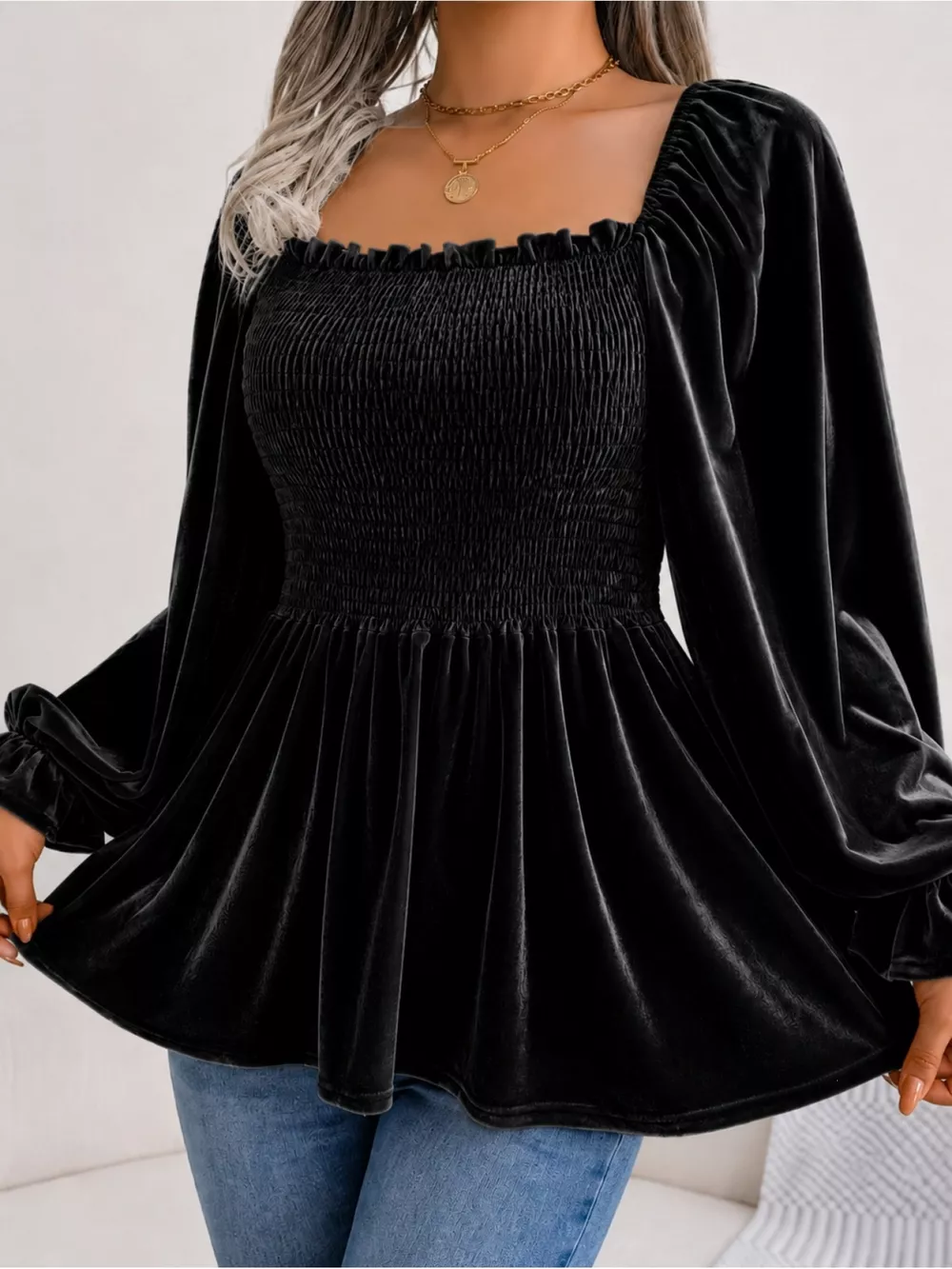 Velvet Smocked Peplum Blouse