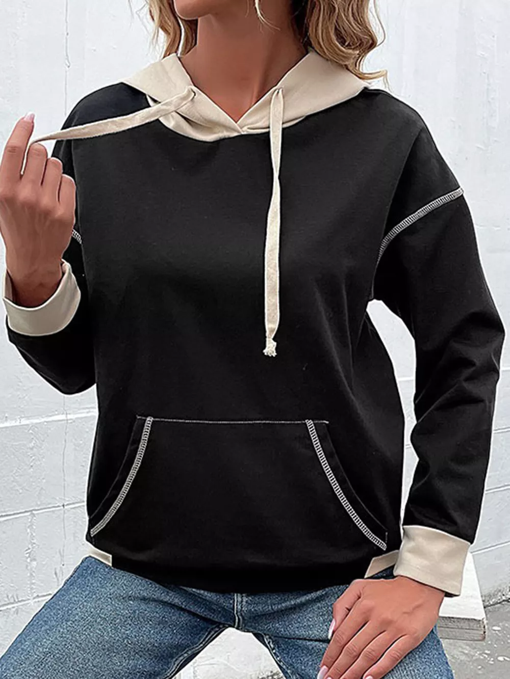 Color Block Hoodie with Drawstring and Kangaroo Pocket, image 2