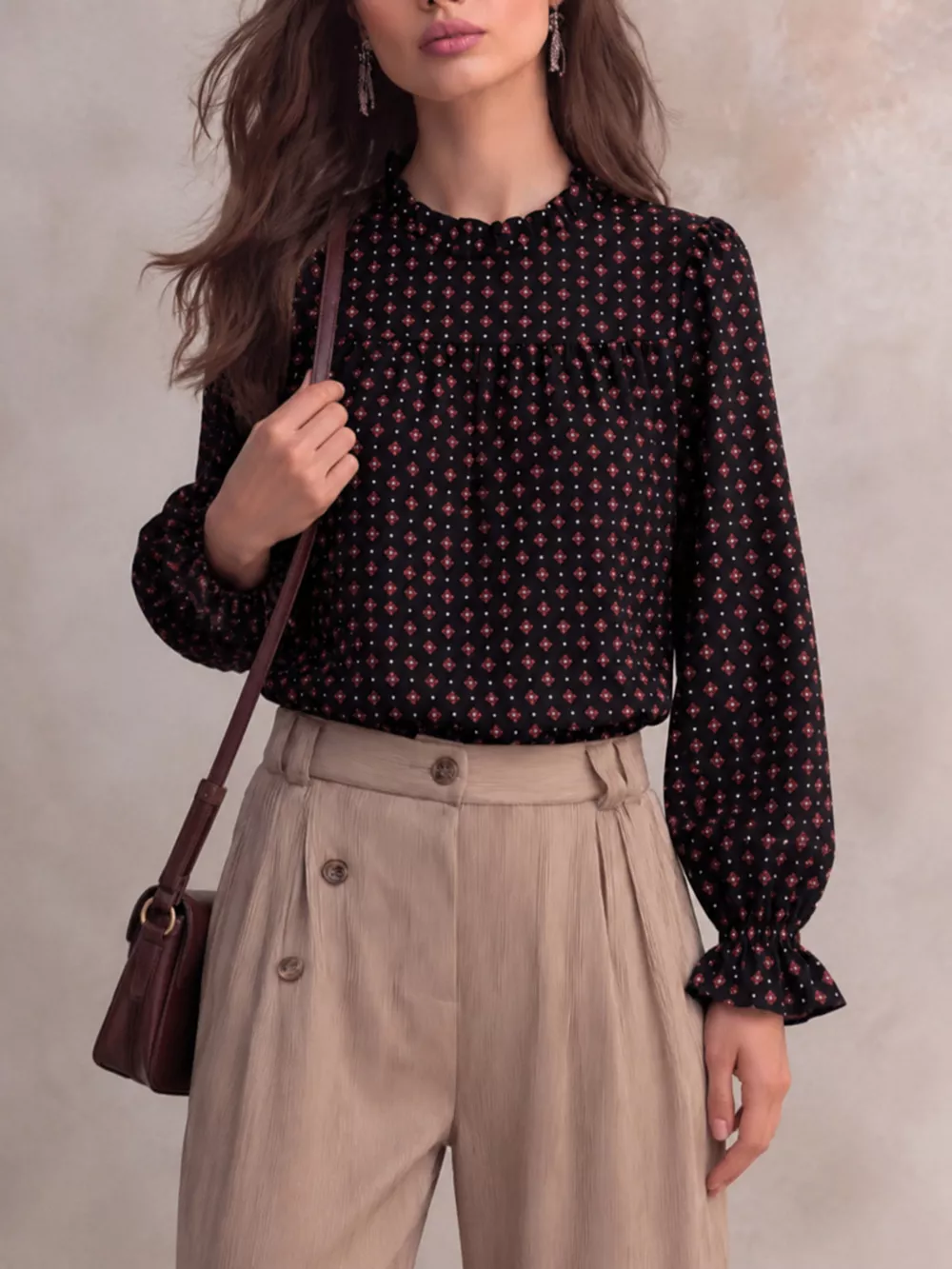 Geometric Print Mock Neck Puff Sleeves Blouse, image 11