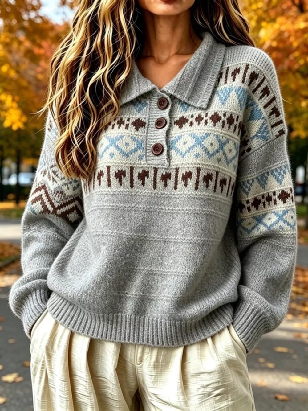 Full Size Vintage Fair Isle Pattern Polo Collar Sweater Plus Size, image 6