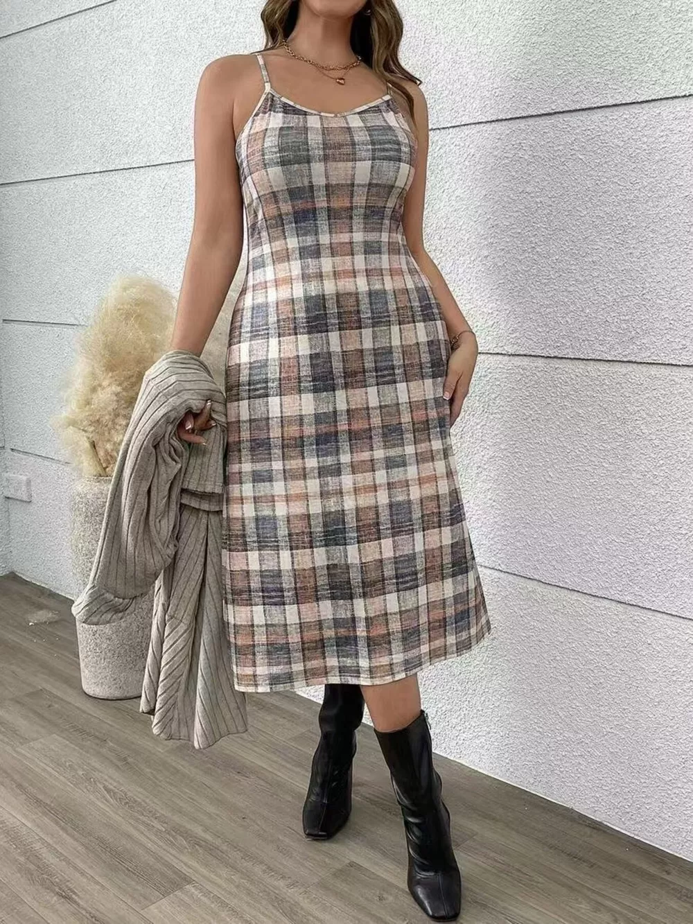 Full Size Ribbed Knit Cardigan and Plaid Dress Two-Piece Set Plus Size, image 4