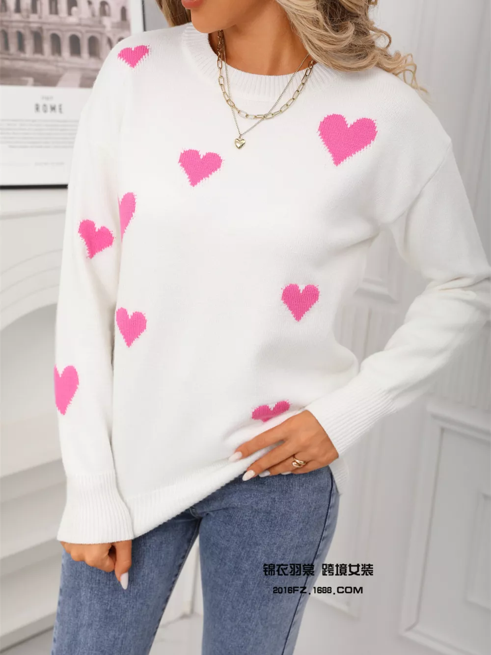 Valentine's Day Heart Print Round Neck Sweater, image 15