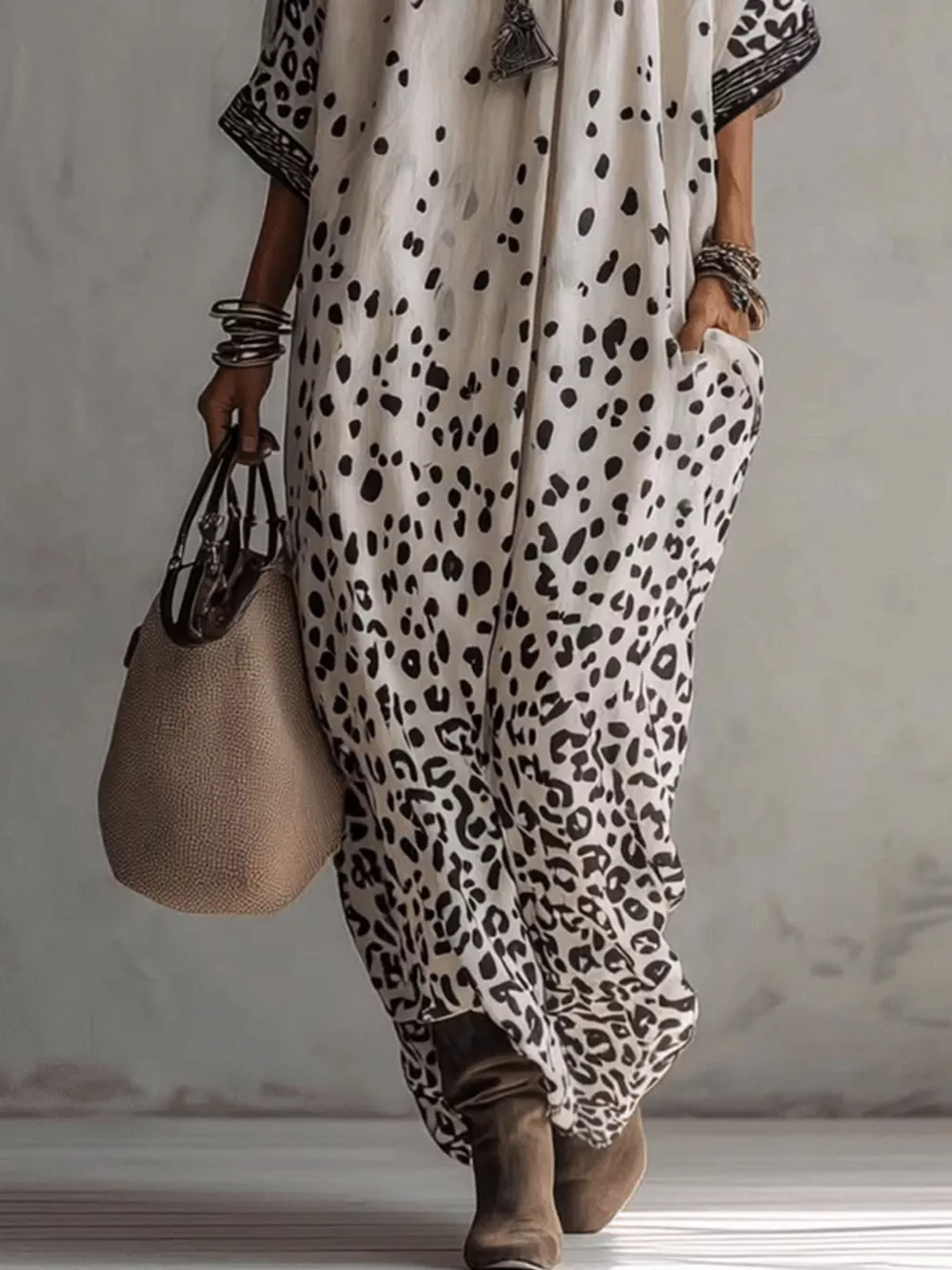 V-Neck Leopard Print Loose Maxi Dress, image 3