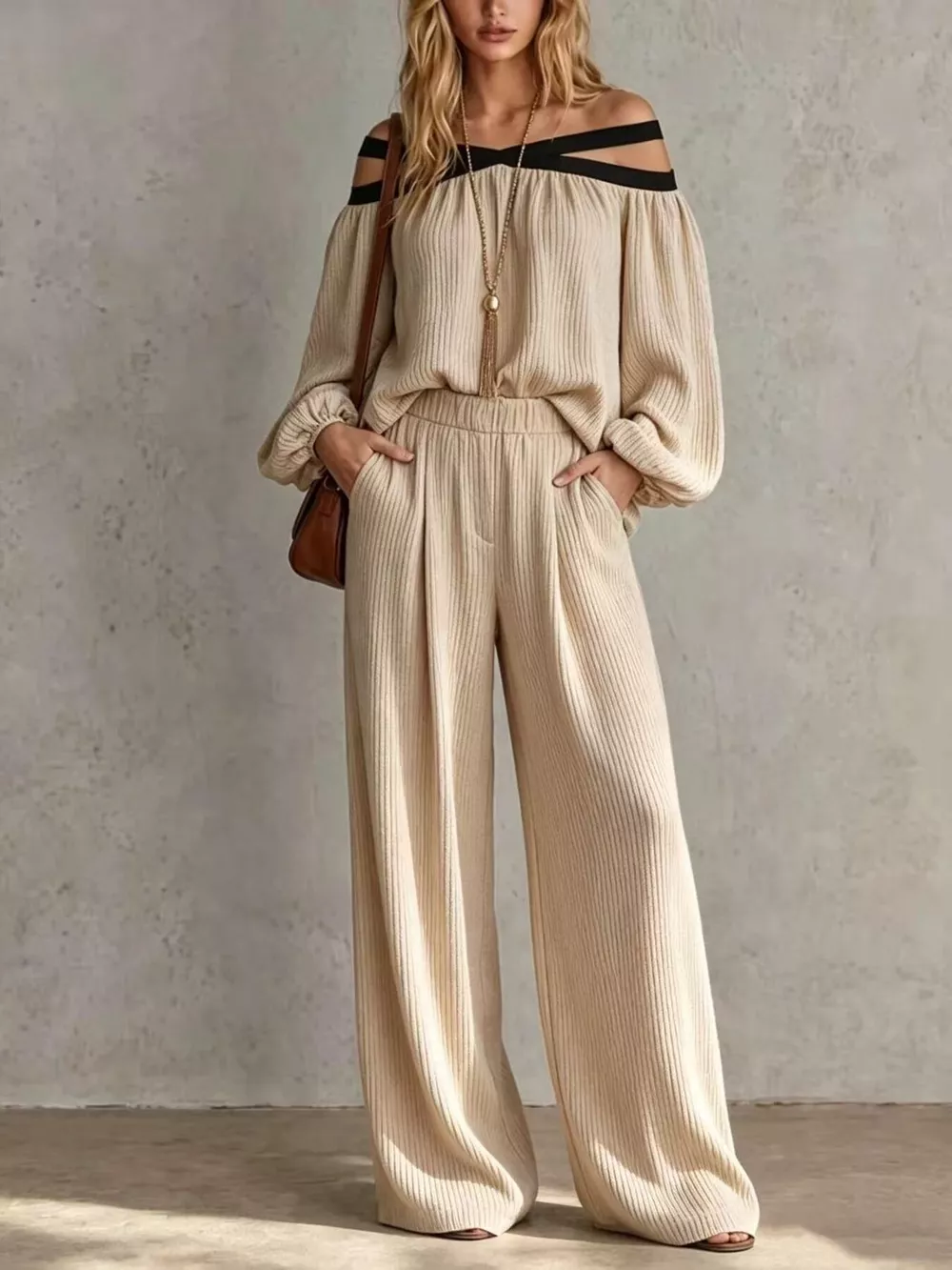 Off-Shoulder Crisscross Cutout Ribbed Knit Top and Wide-Leg Pants Set, image 2