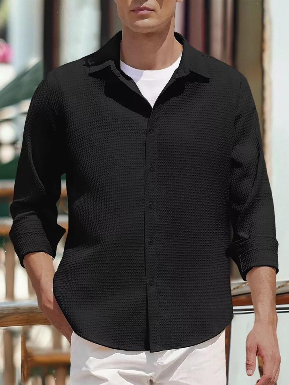 Men's Full Size Waffle Knit Button Up Shirt Plus Size