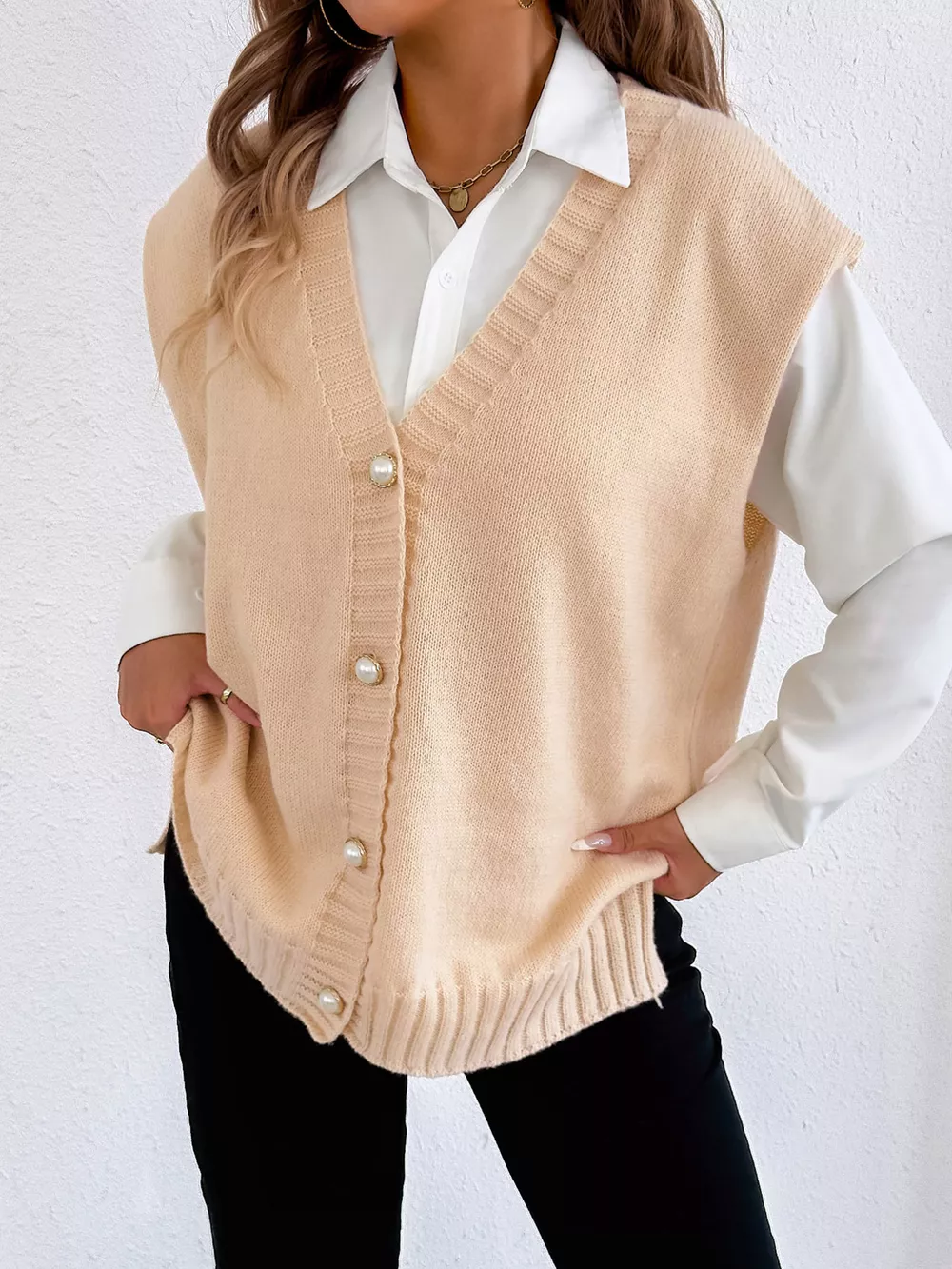 V-Neck Button-Front Knit Sweater Vest, image 4