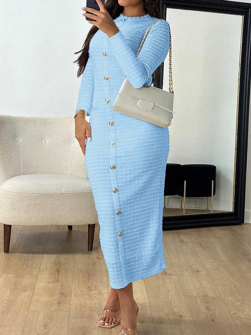 Textured Long Sleeve Midi Dress, image 8