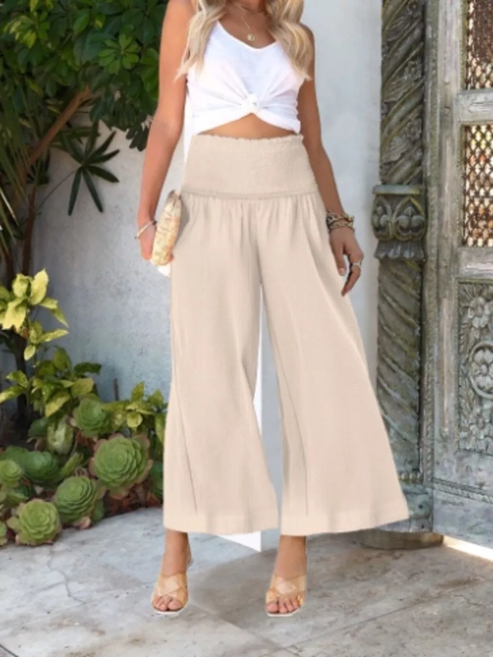 Wide-Leg Smocked Waist Pants, image 6