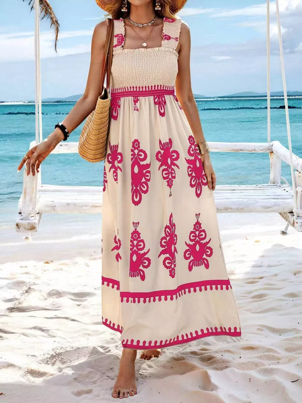 Smocked Printed Square Neck Maxi Dress, image 9