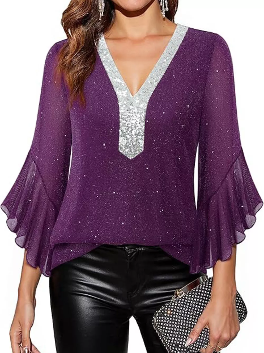 Sequin V-Neck Flounce Sleeve Blouse, image 20
