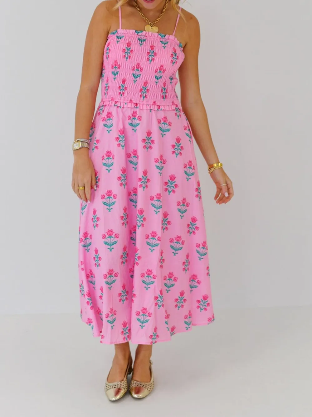 Floral Smocked Adjustable Strap Midi Cami Dress, image 3