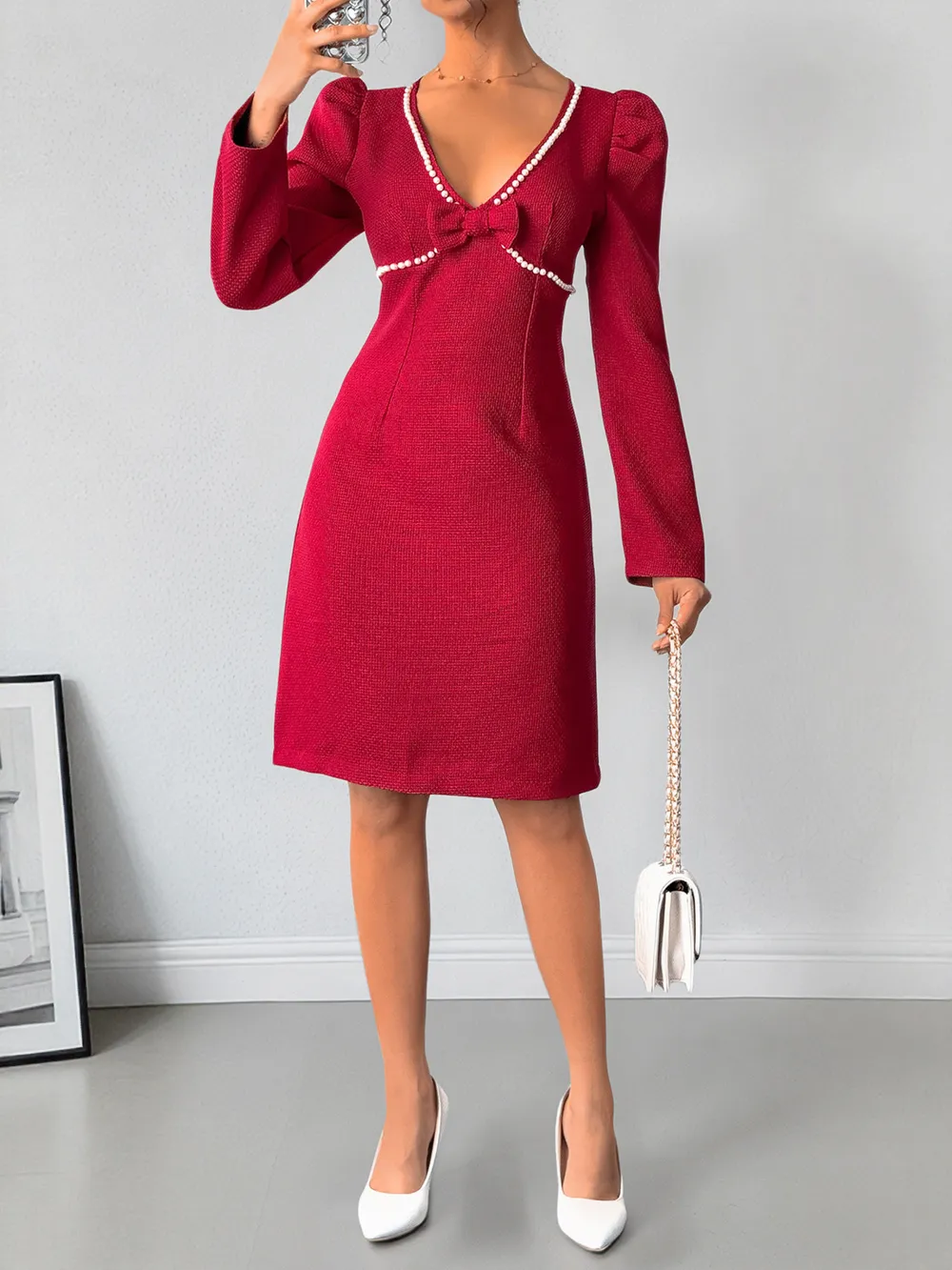 Pearl Trim V-Neck Long Sleeve Bodycon Dress, image 6