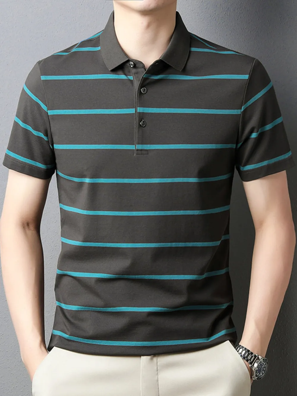 Men's Plus Size Striped Button Detail Short Sleeve Polo, image 4
