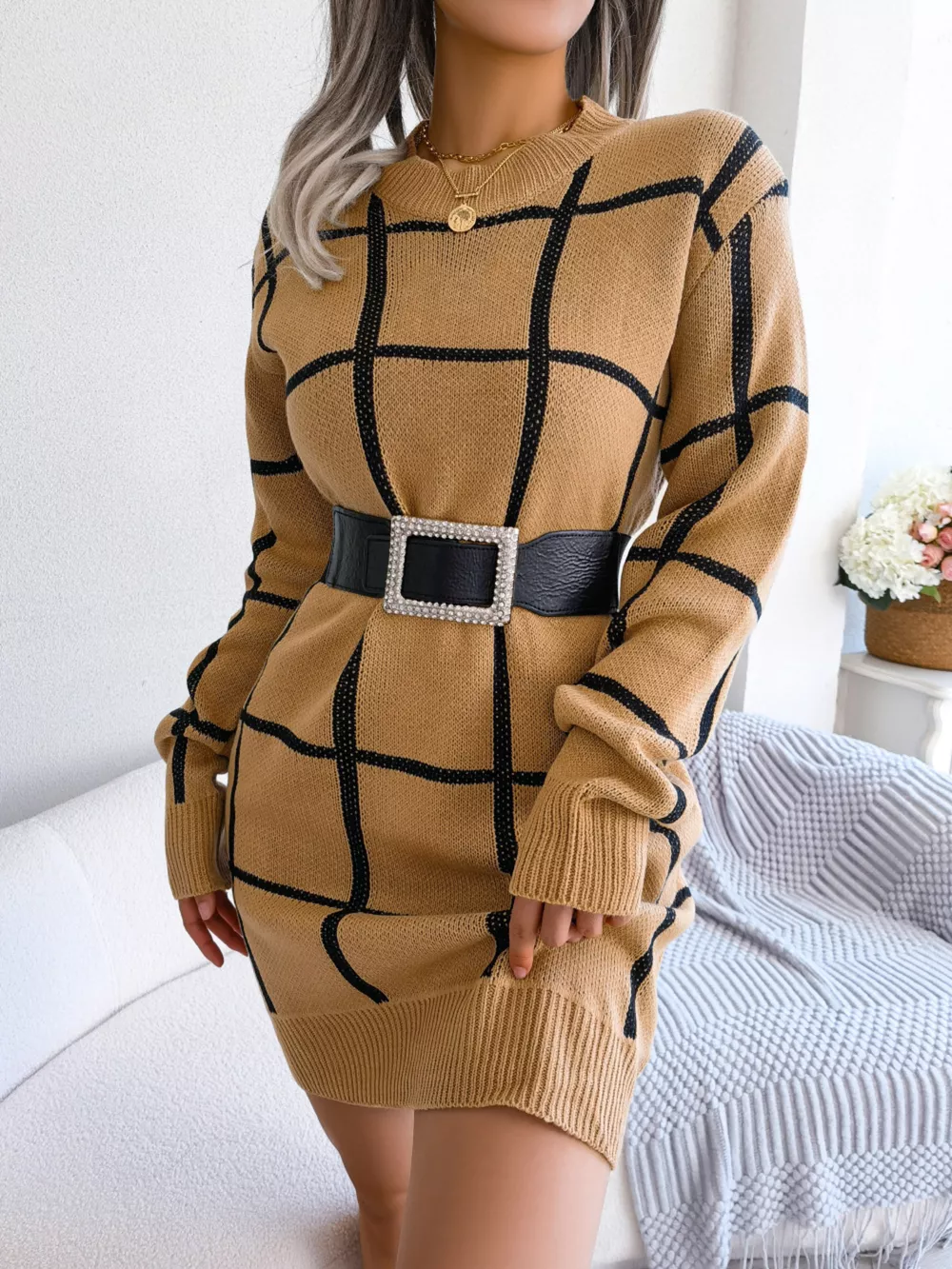 Plaid Pattern Long Sleeve Sweater Dress, image 17