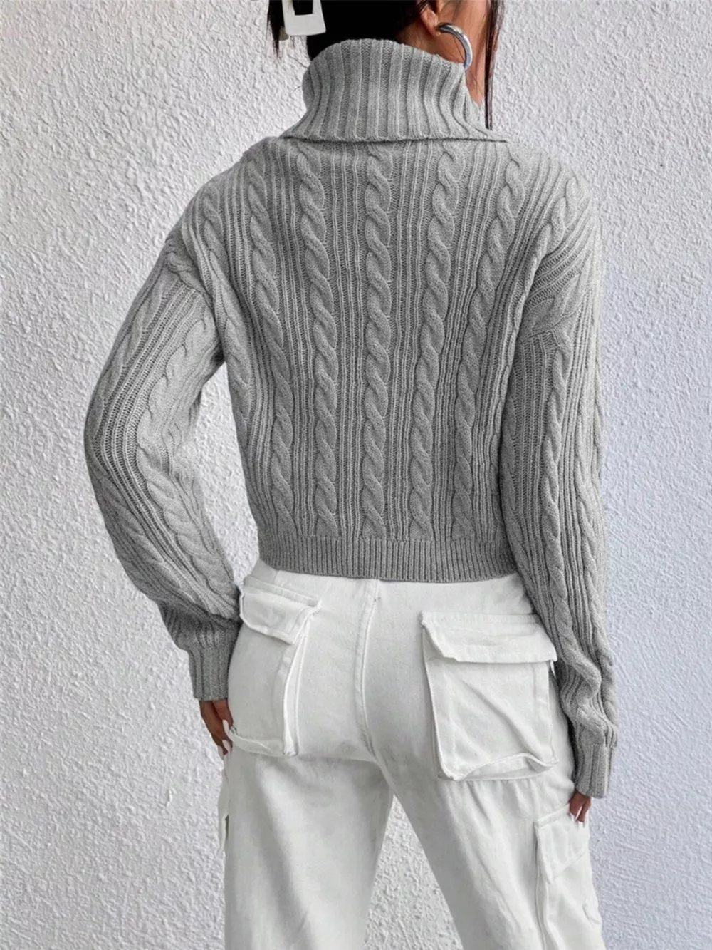 Cable-Knit Turtleneck Long Sleeve Sweater, image 9