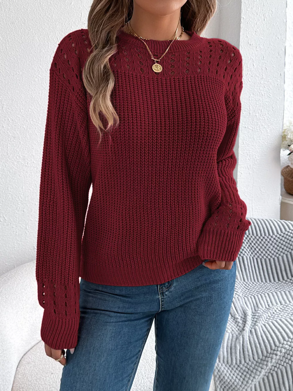 Openwork Round Neck Long Sleeve Sweater, image 5