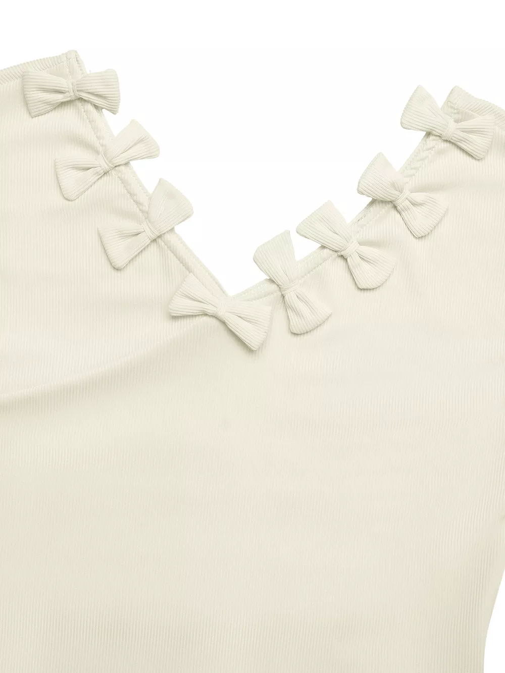 Ribbed Knit Bow Decor V-Neck T-Shirt, image 7