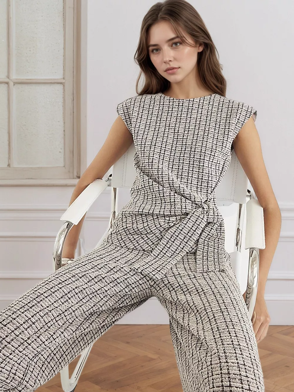 Tied Round Neck Top and Pants Set, image 2