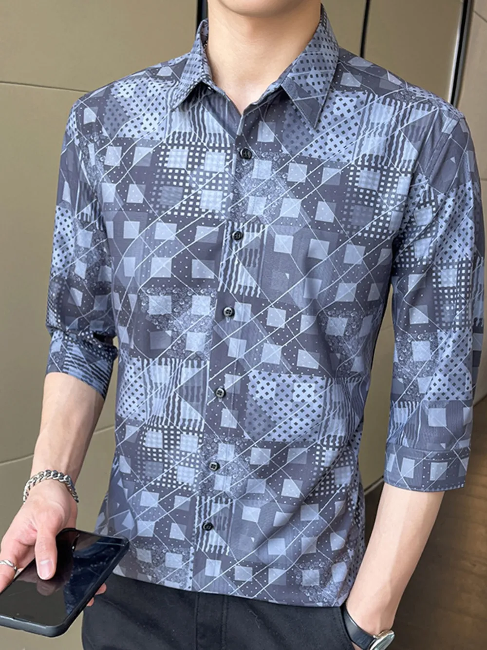 Men's Plus Size Geometric Print Slim Fit Casual Shirt, image 2