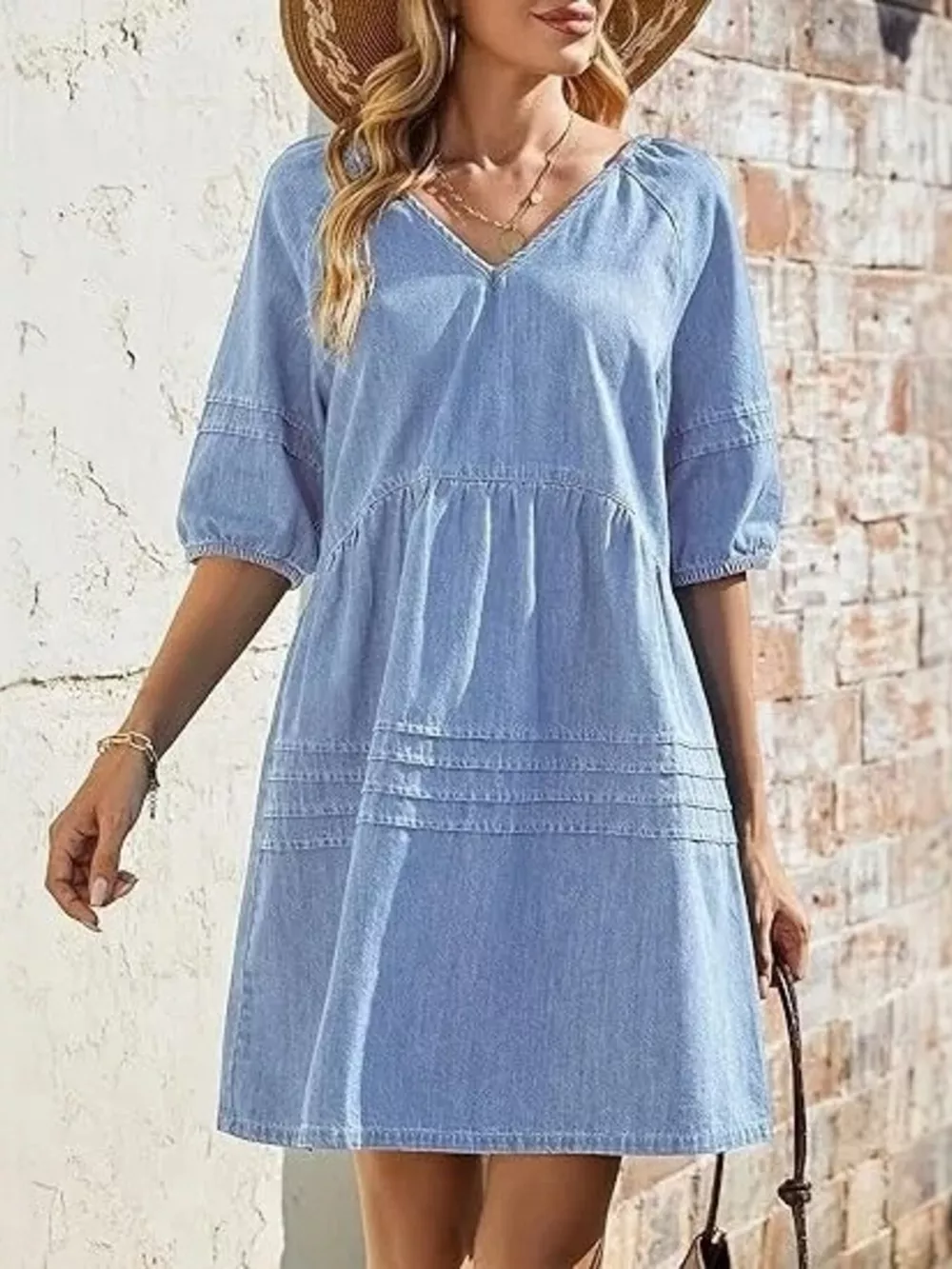 Casual V-Neck Puff Sleeve Denim Mini Dress, image 2