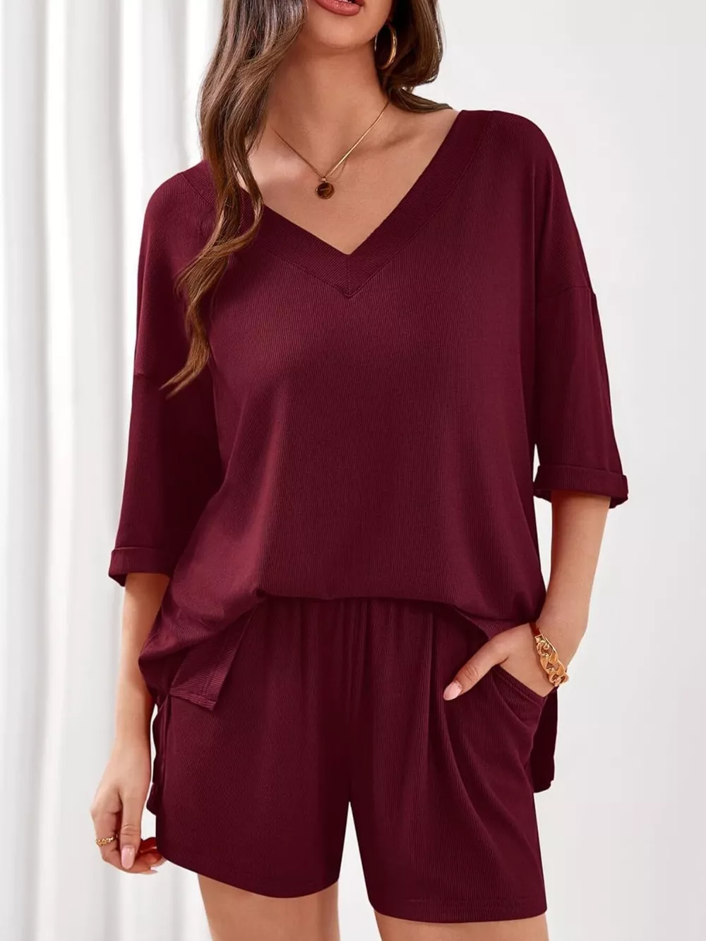 Casual Solid Color V-Neck Top & Shorts Set, image 19