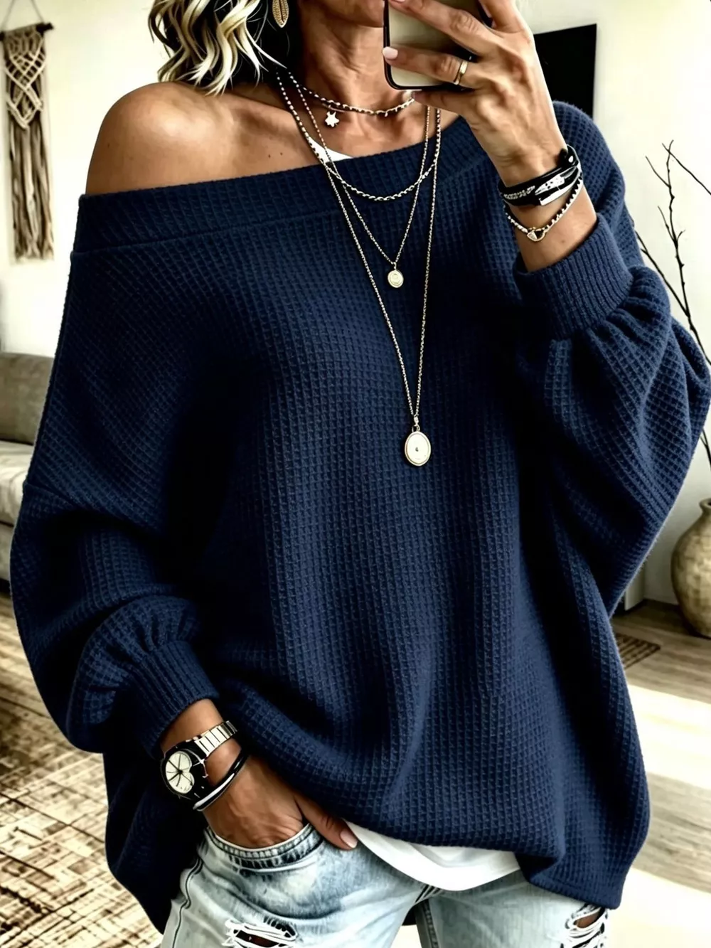 Full Size Waffle Knit Boat Neck Sweatshirt Plus Size, image 13
