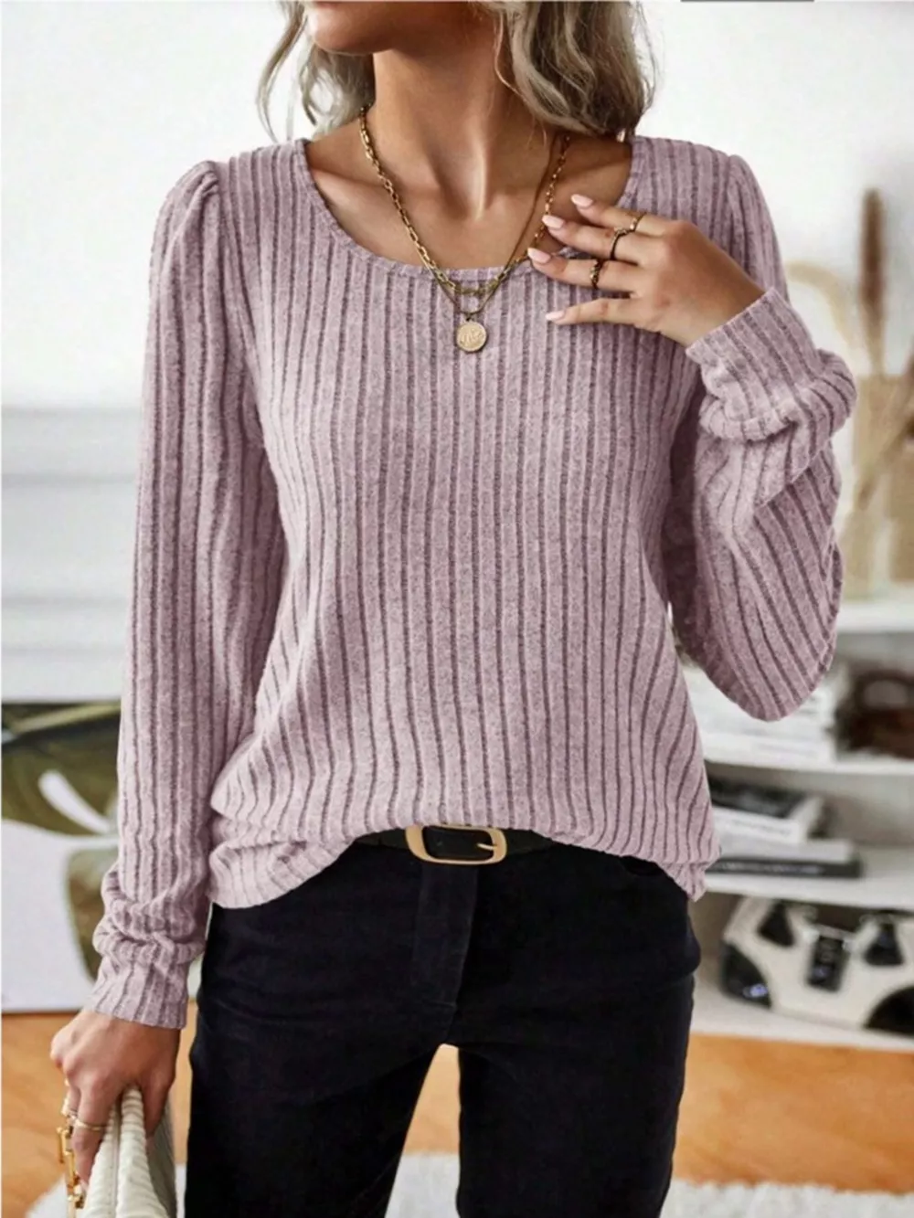 Ribbed Knit Long Sleeve T-Shirt, image 13
