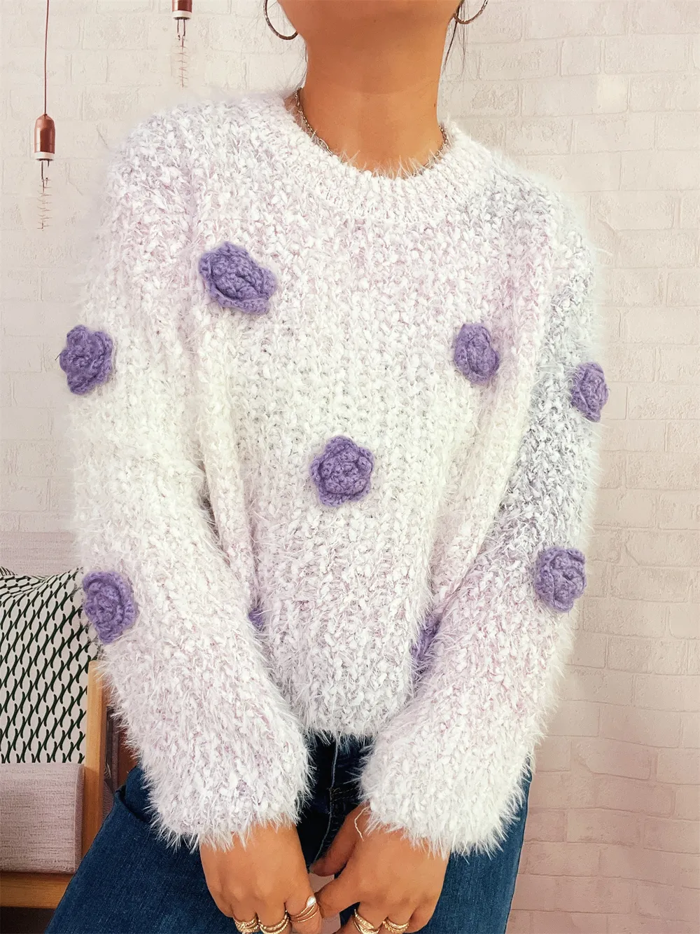 Flower Embellished Round Neck Sweater, image 4