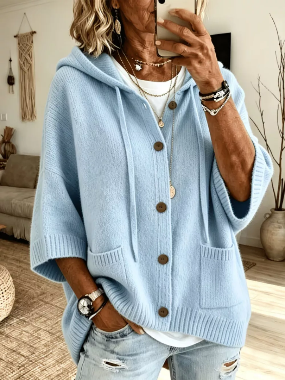 Full Size Casual Hooded Button-Down Knit Cardigan with Pockets Plus Size, image 8
