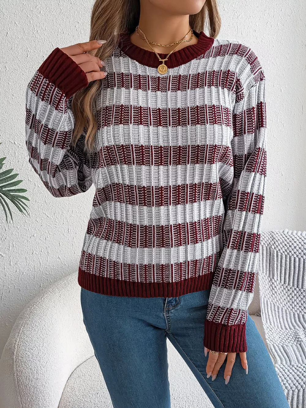 Striped Round Neck Long Sleeve Sweater, image 16