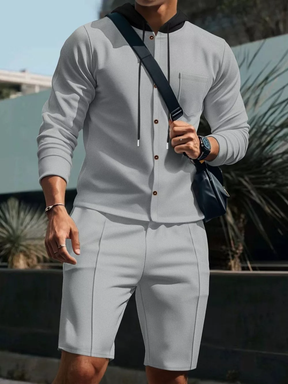 Men's Full Size Casual Hooded Button-Up Top and Shorts Set Plus Size, image 18