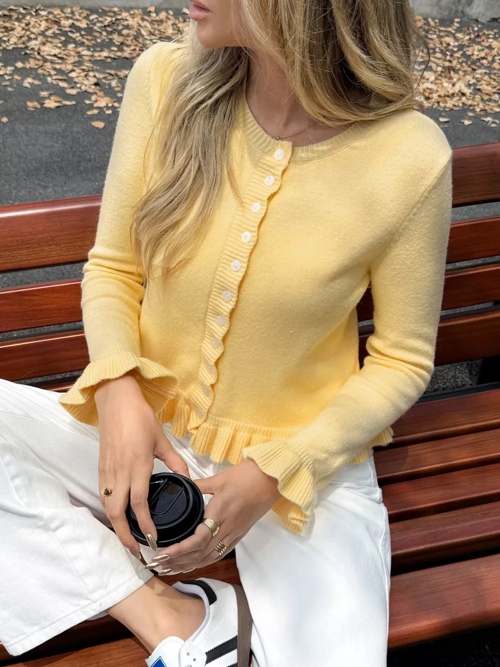 Ruffled Trim Button-Up Knit Cardigan, image 7