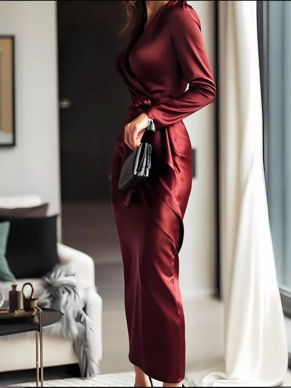 Surplice Satin Long Sleeve Dress, image 3