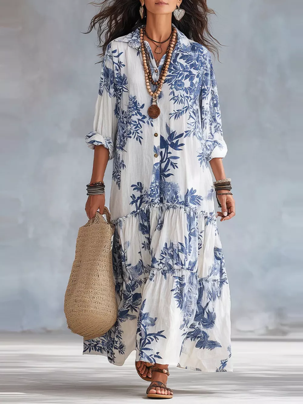 Printed Button Front Maxi Dress, image 2