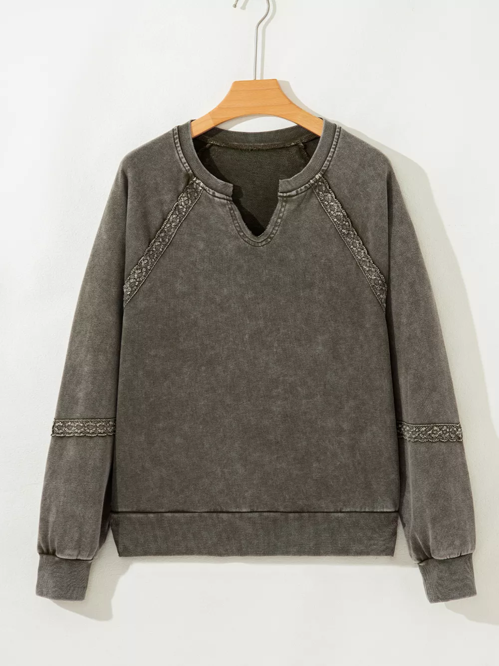 Lace Patchwork Detail Notched Mineral Wash Sweatshirt, image 5