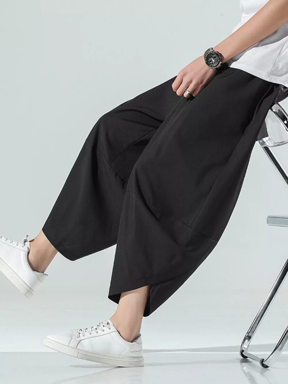 Men's Plus Size Loose-Fit Wide-Leg Cropped Casual Pants